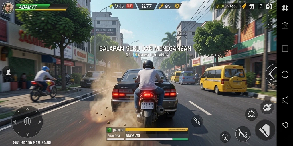 Screenshot ADAM77 menampilkan aksi balapan yang mendebarkan.