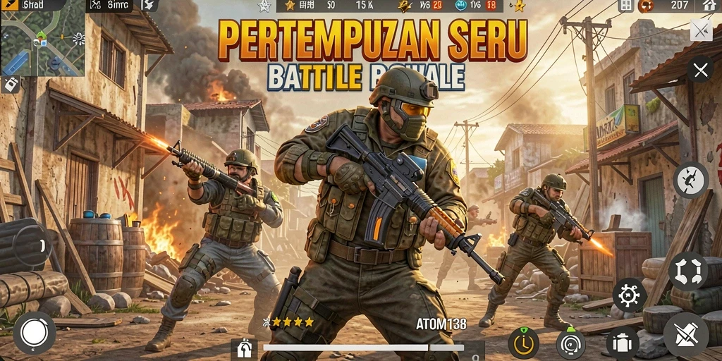 Tangkapan layar gameplay ATOM138 yang intens dalam pertempuran Battle Royale.