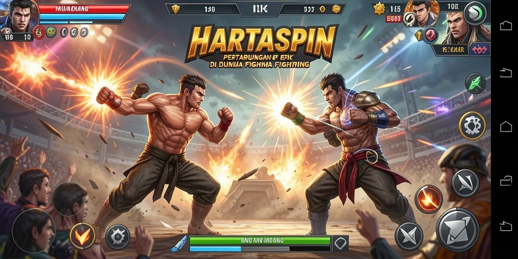 Gameplay HARTASPIN dengan pertarungan intens dan karakter unik.