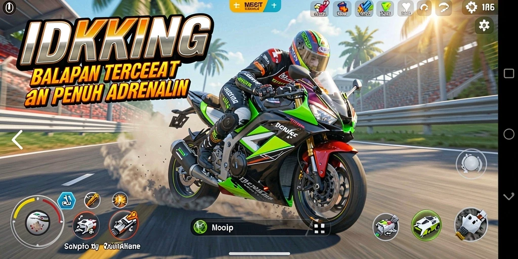 Screenshot gameplay IDRKING yang menunjukkan balapan motor yang sangat seru.