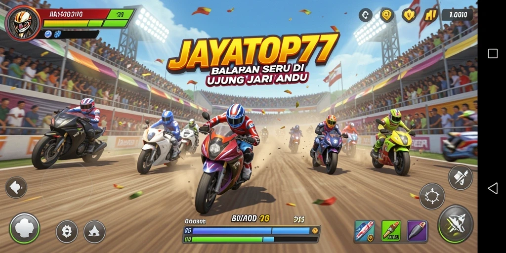 Tampilan gameplay menegangkan dari JAYATOP77 dengan balapan cepat.