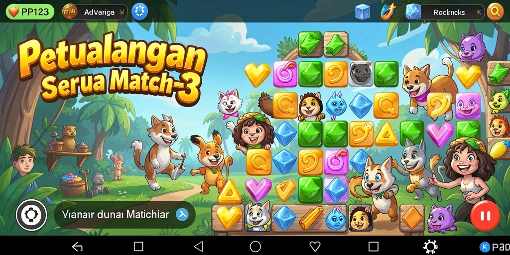Screenshot gameplay PP123 dengan aksi Match-3 yang dinamis.
