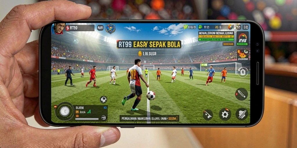 Tampilan screenshot gameplay RT99 yang menampilkan aksi sepak bola seru.