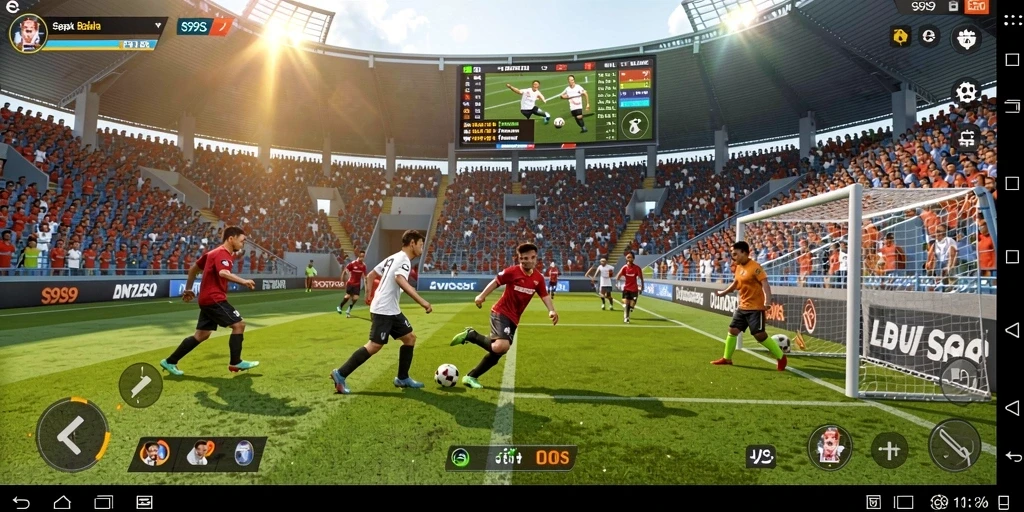 Tampilan gameplay S9S9 dengan aksi sepak bola yang seru.