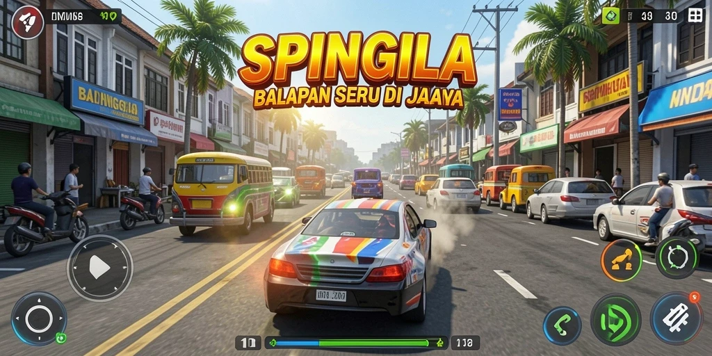 Gameplay Racing SPINGILA dengan mobil balap yang cepat dan lintasan menantang.