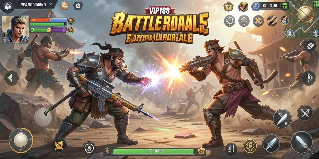 Screenshot gameplay menampilkan aksi seru dalam <strong>VIP188</strong> Battle Royale.