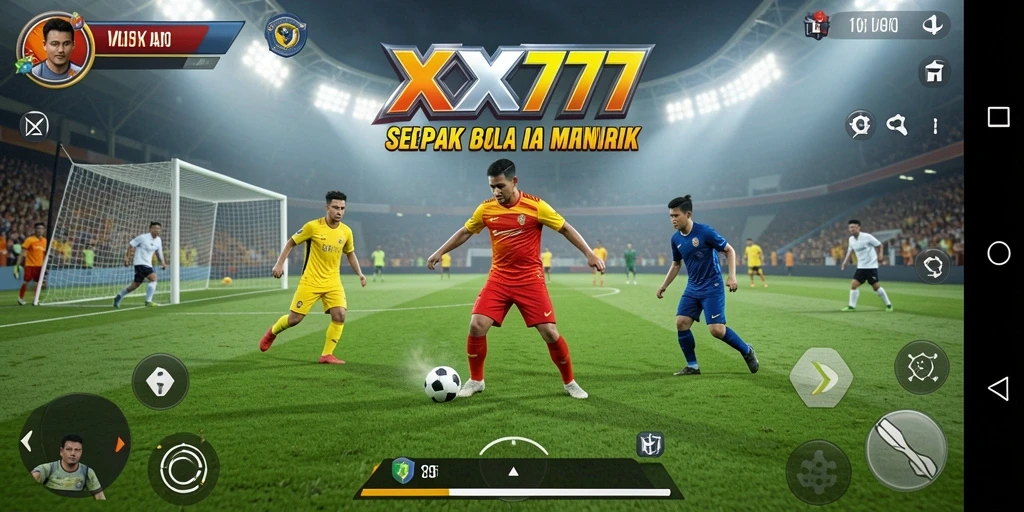 Tampilan menyerupai pertandingan sepak bola dengan grafis menarik.